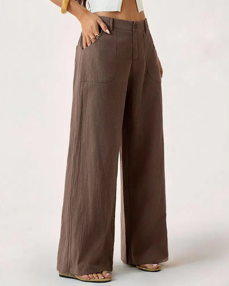 Overhead shot of the Marlène trousers in khaki, laid flat to show the full length and width.
