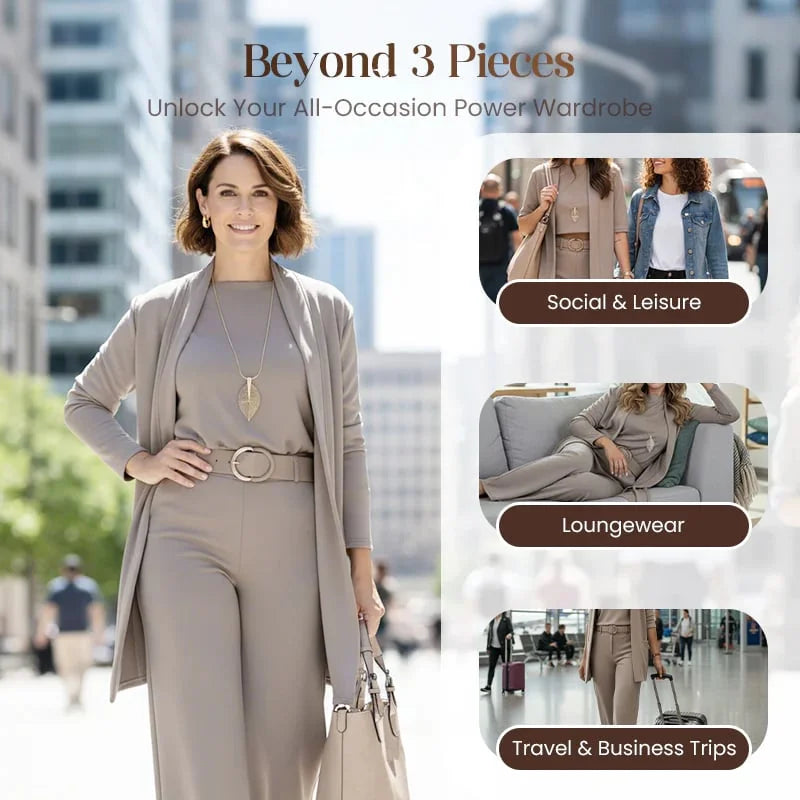 A flat lay arrangement of the individual components of the Marlowe elegant 3-piece set, showing the cardigan, top, and trousers.