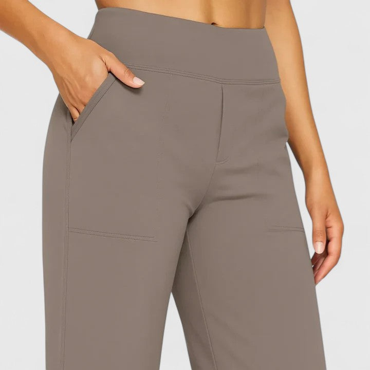 Casual styling of blue Adeline pull-on trousers with a relaxed top, ideal for weekend wear.