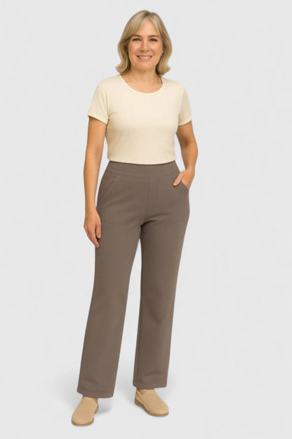 Detailed seam work on the leg of the Adeline pull-on trousers, indicating quality craftsmanship.