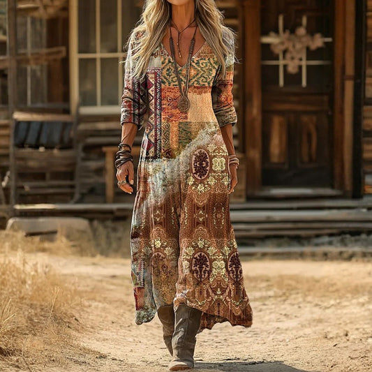 Front view of the Alana vintage-inspired long sleeve casual dress in multicolor, showcasing the V-neck and relaxed fit.