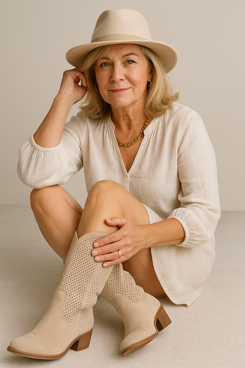 Elegant beige orthopaedic cowboy boots, side view, showcasing the classic Western silhouette and pointed toe.