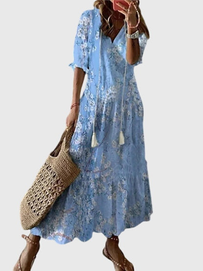 Back view of the Anthea boho vintage summer dress, demonstrating its comfortable fit and design.