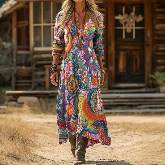Front view of a woman wearing the multicolor Antonia vintage-inspired long sleeve casual dress, showcasing its relaxed fit and elegant calf-length design in a natural setting.