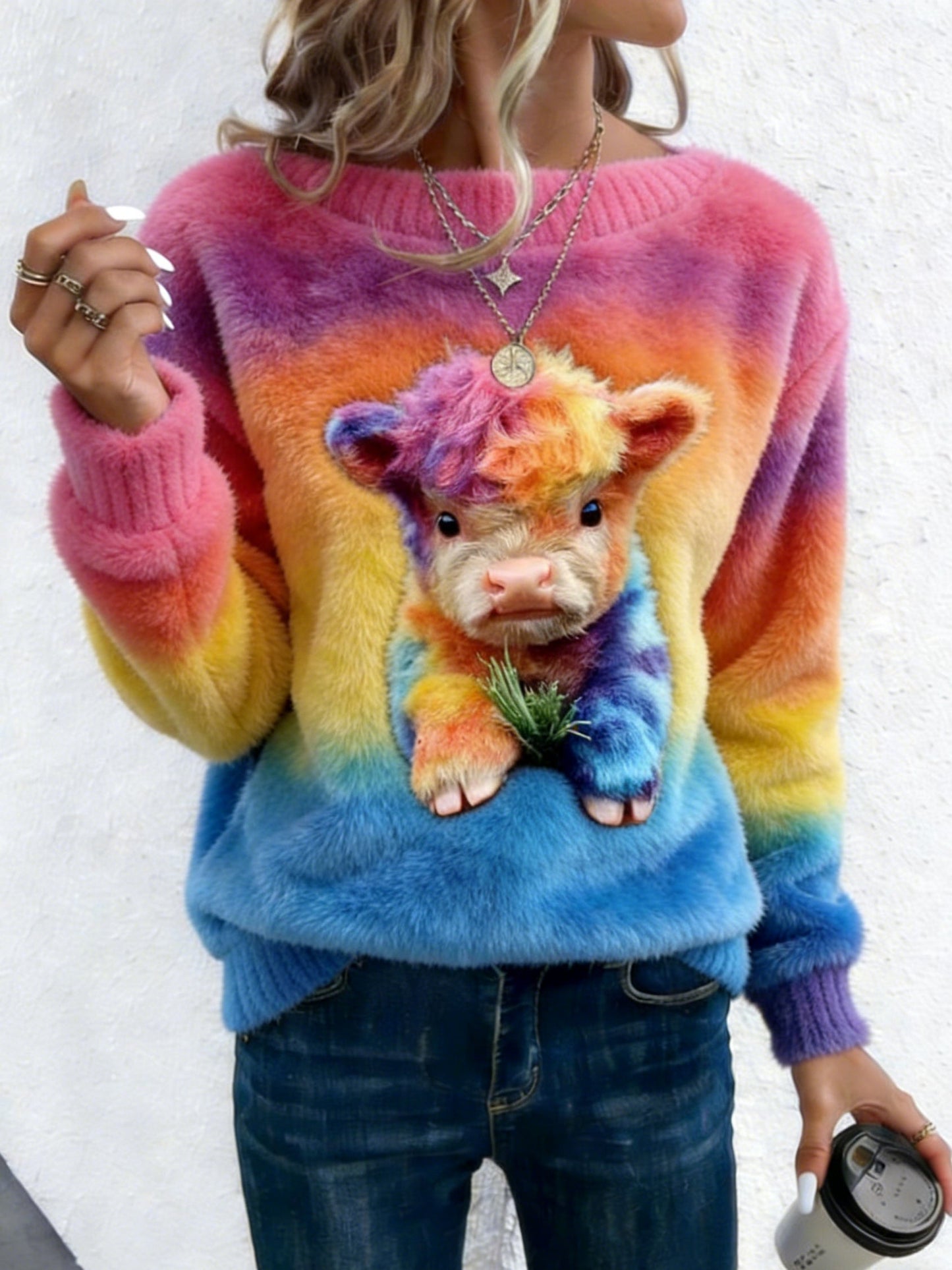 Front view of the Anya Highland Cow Sweatshirt, showcasing the full vibrant, multi-coloured cow graphic on a white background, highlighting its unique design.