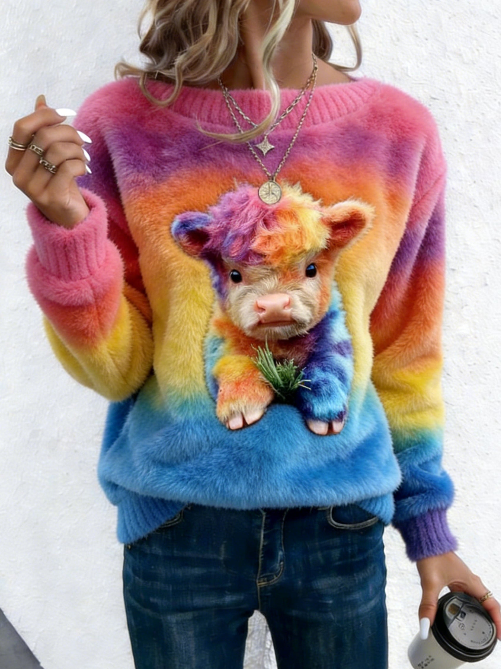 Front view of the Anya Highland Cow Sweatshirt, showcasing the full vibrant, multi-coloured cow graphic on a white background, highlighting its unique design.