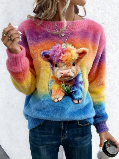 Front view of the Anya Highland Cow Sweatshirt, showcasing the full vibrant, multi-coloured cow graphic on a white background, highlighting its unique design.
