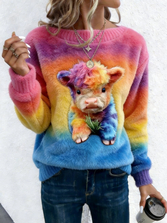 Front view of the Anya Highland Cow Sweatshirt, showcasing the full vibrant, multi-coloured cow graphic on a white background, highlighting its unique design.