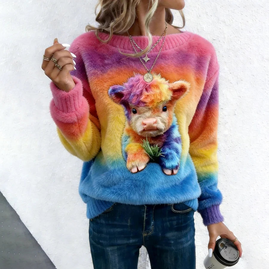 Close-up detail of the fabric and print on the Anya Highland Cow Sweatshirt, showing the texture of the cotton blend and the intricate, colourful details of the graphic.