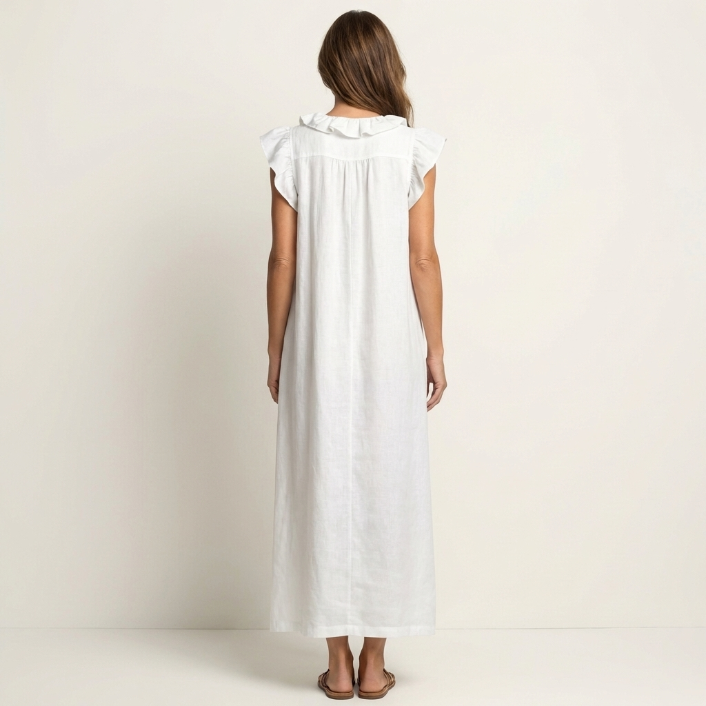 A purple Artemis effortless ruffle maxi dress styled with sandals for a comfortable yet chic ensemble.