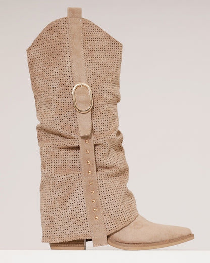 Front view of taupe perforated cowboy boots, showcasing the detailed shaft and pointed toe.