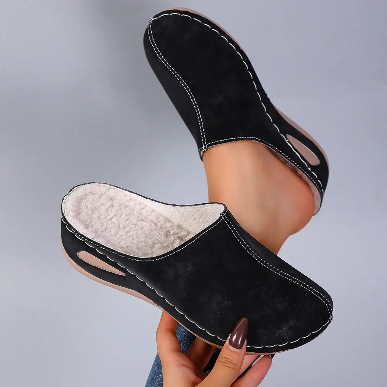 Overhead view of a black Seraphina orthopaedic slipper, demonstrating the easy slip-on style.