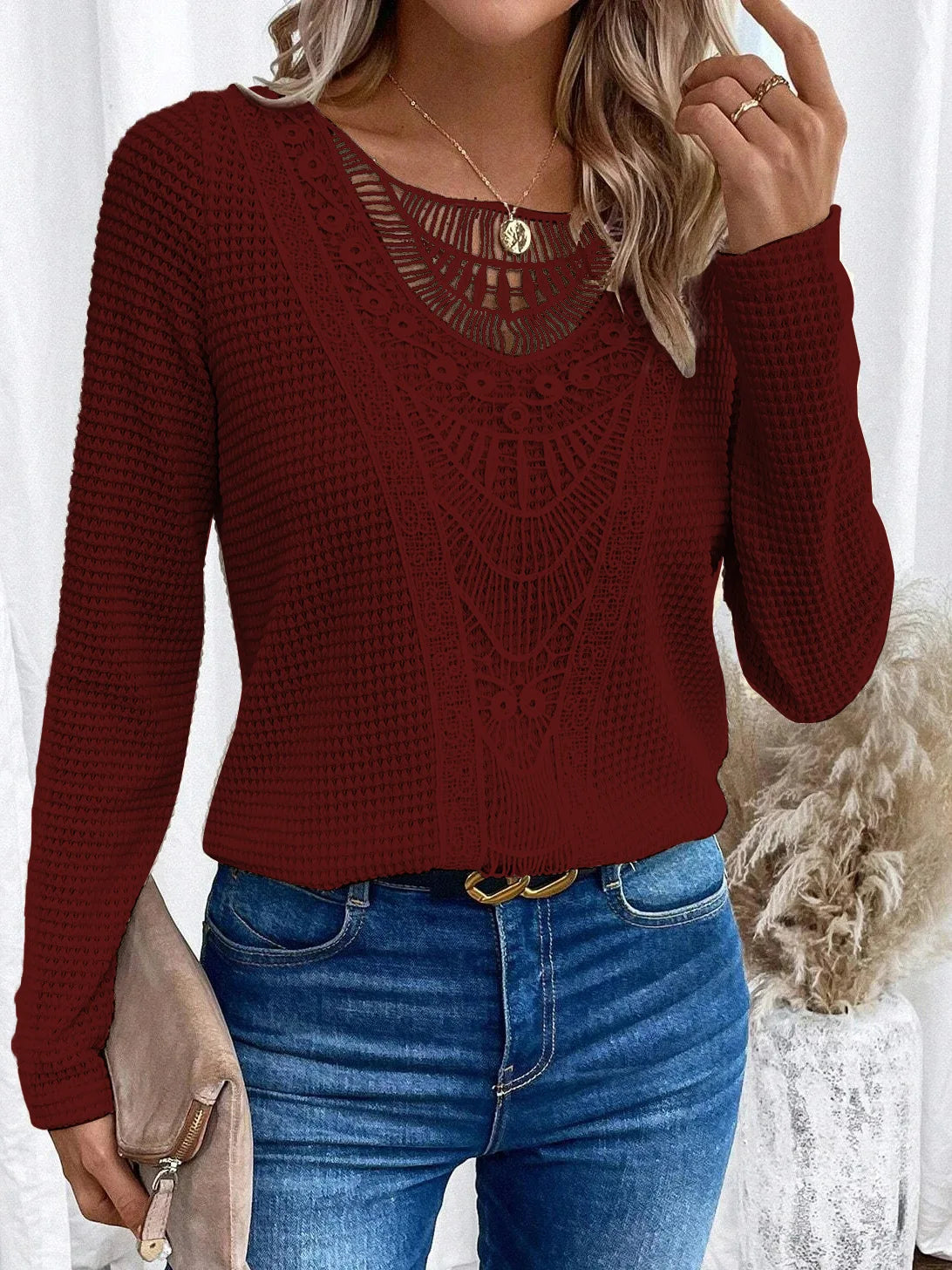 Back view of a pink Briar crochet detail jumper, demonstrating the clean finish and straight hem.