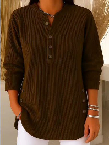 Back view of the brown Bronte ribbed long sleeve top, showing its elegant drape and cut.