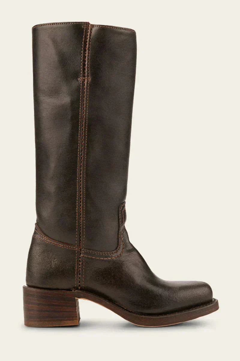 Close-up of the block heel on a black Calista classic mid-calf boot, emphasising its sturdy design.