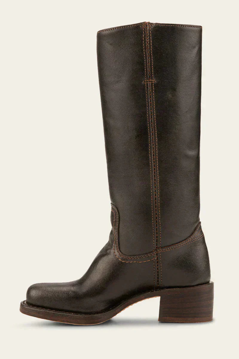 Detail of the rounded toe area on a black Calista classic mid-calf boot, showing its smooth contour.