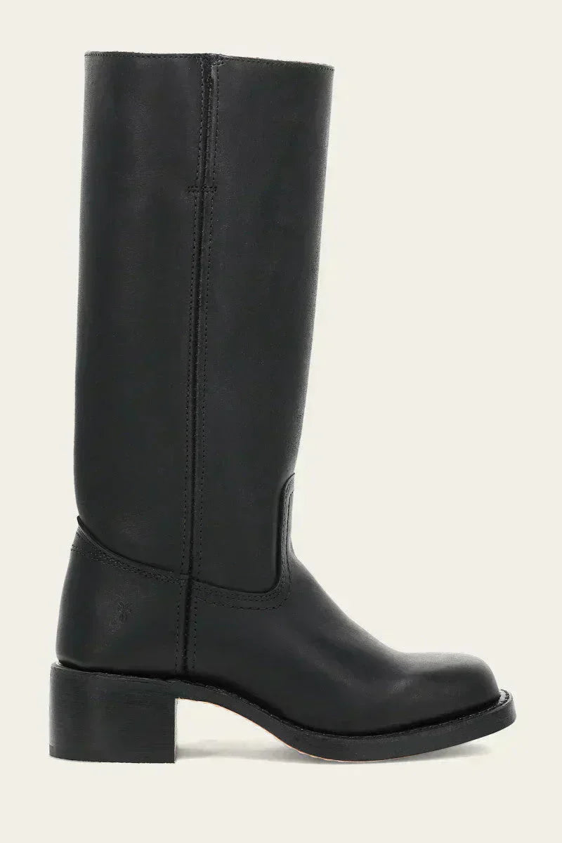 Studio shot of three Calista classic mid-calf boots in brown, black, and khaki, lined up.