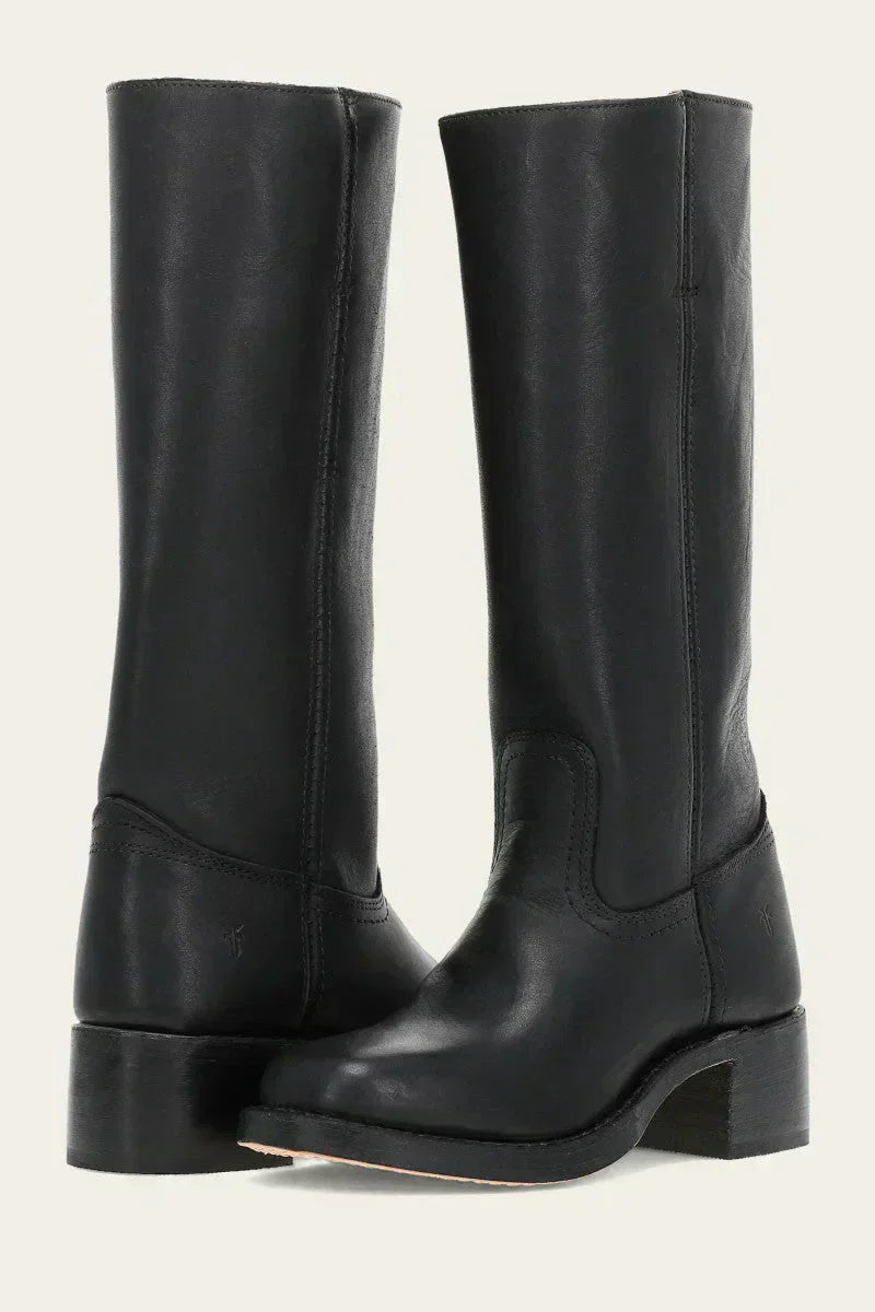 Close-up of the faux leather material on a khaki Calista mid-calf boot, showing fine stitching details.