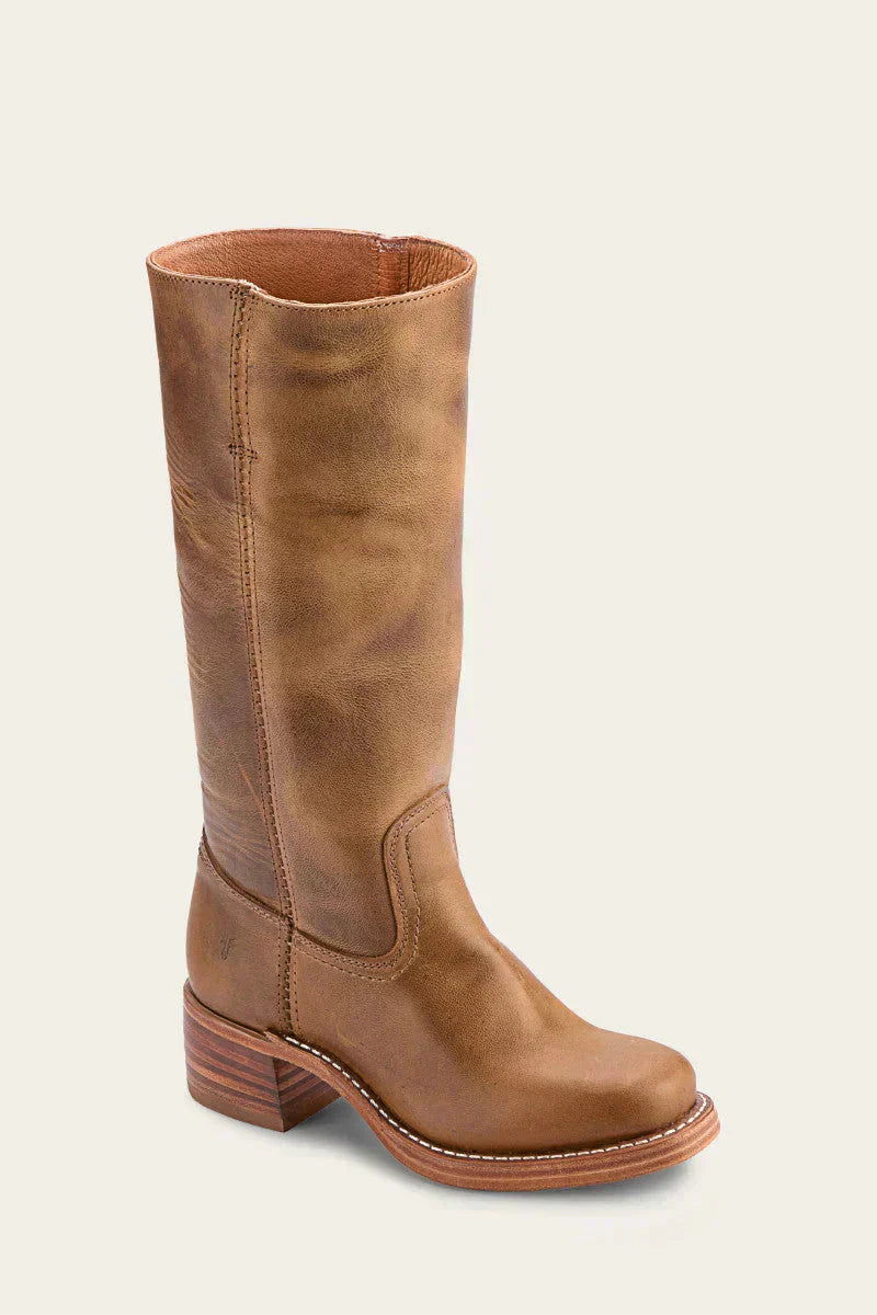 Rear view of a brown Calista classic mid-calf boot, focusing on the heel structure and vertical seam.