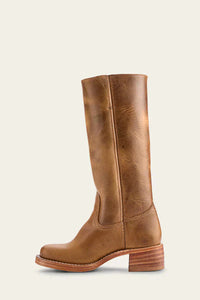 Detail shot of the side zip closure on a khaki Calista classic mid-calf boot, with metallic hardware.