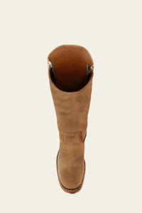 Top-down view of a pair of brown Calista mid-calf boots, showing the opening and internal lining.