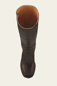 An angled shot of a single brown Calista mid-calf boot, capturing the subtle sheen of the material.