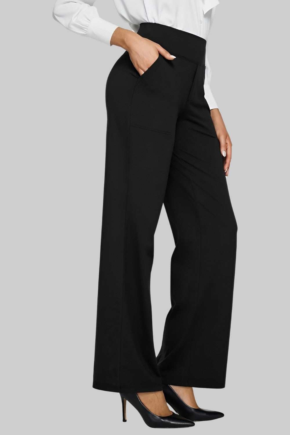 Front view of the dark grey Clara comfortable stretch trouser on a mannequin, showcasing its cut.