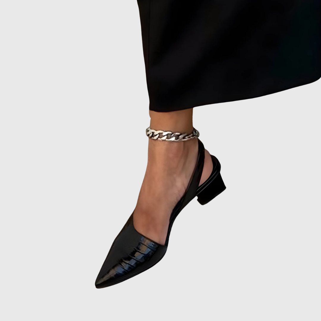 Close-up view of the wide toe box on a brown orthopaedic comfortable heel, highlighting the spacious design.