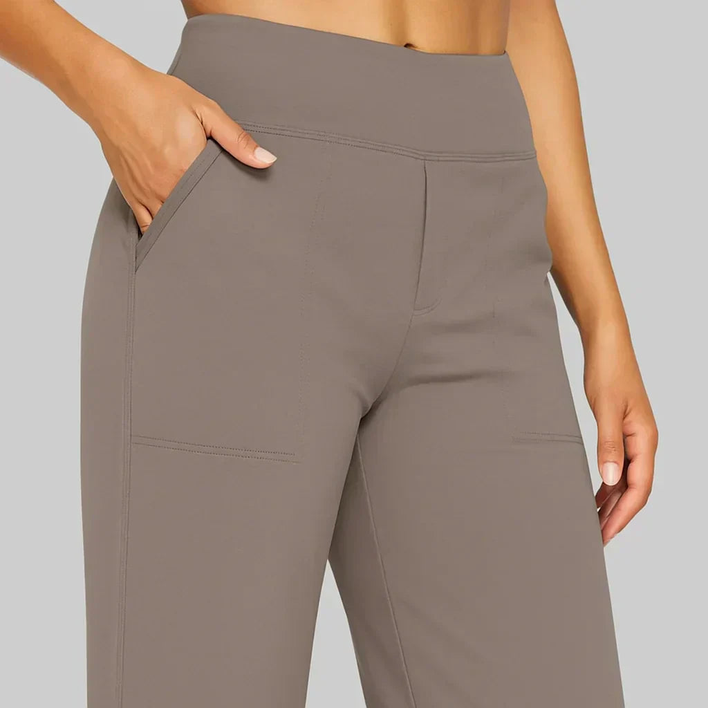 Close-up detail of the deep side pocket on the Clara comfortable stretch trouser in taupe.