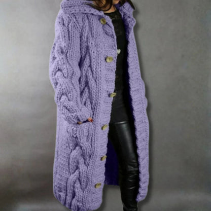 Rear view of the Clara knitted longline coat, highlighting the integrated hood and overall silhouette.