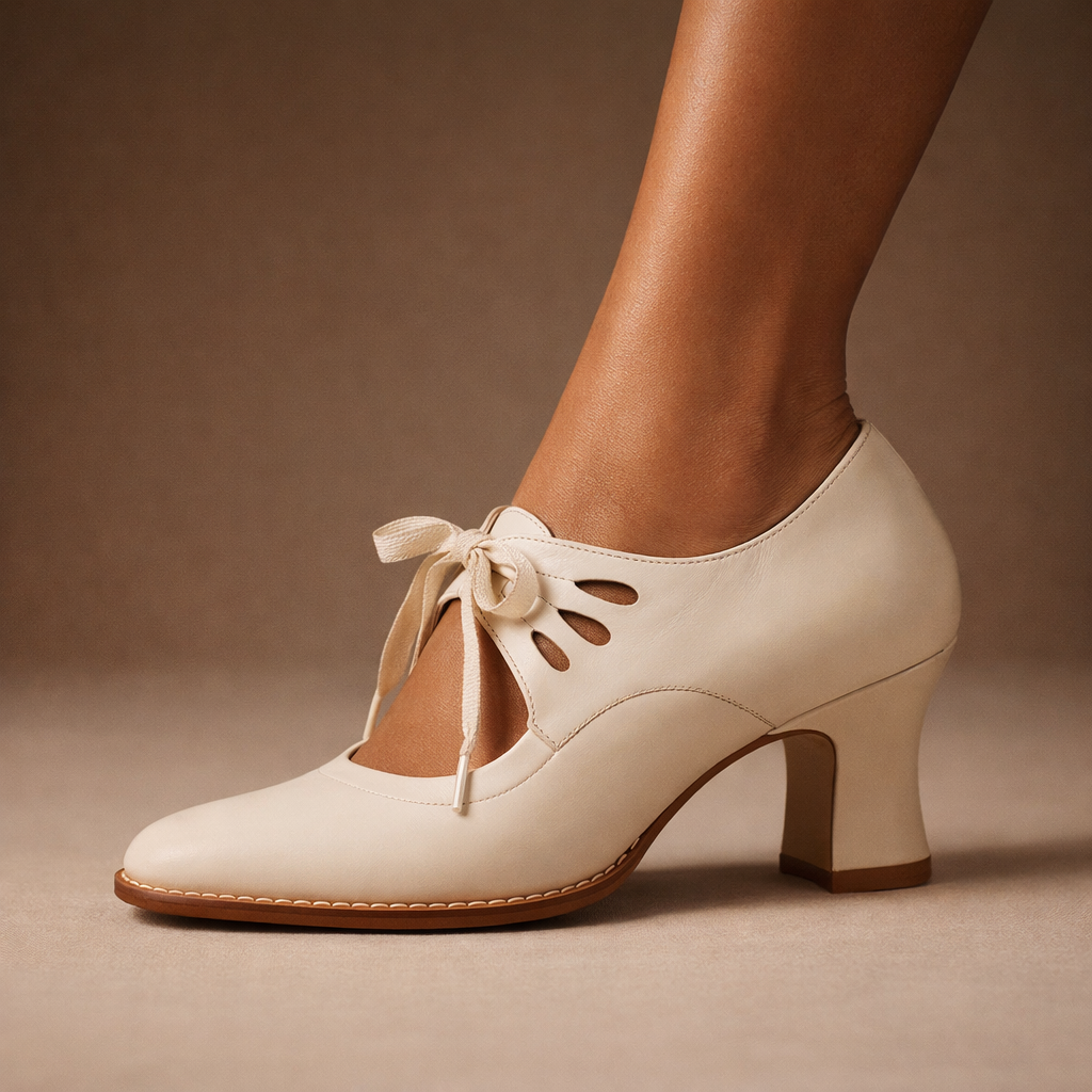 Detail shot of the polished leather texture on the elegant heels, emphasising the quality craftsmanship.