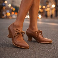Rear view of the brown leather shoes, focusing on the sculpted mid-height heel and supportive sole.