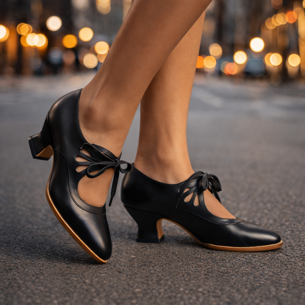Pair of black leather lace-up shoes resting on a neutral background, capturing their refined and timeless appeal.