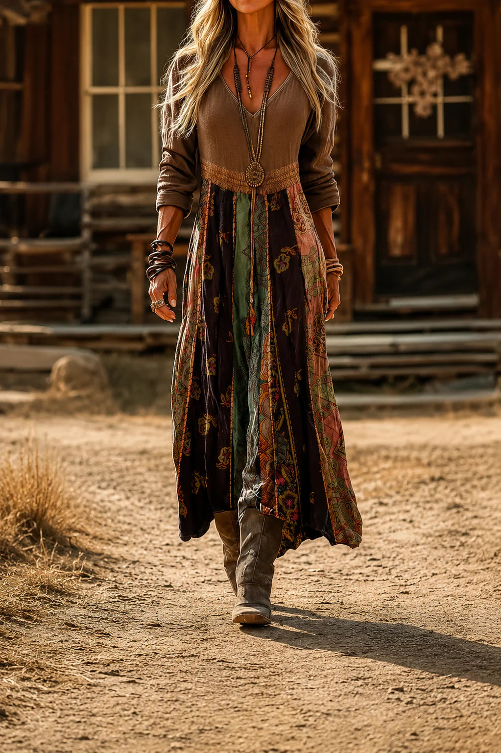 Rear view of the Rhiannon bohemian maxi dress, showing the full length and silhouette.