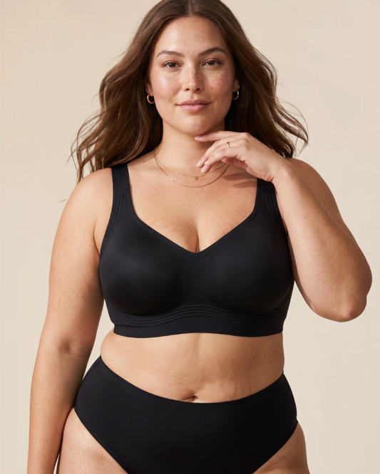 Front view of the Evanthe comfort wireless bra in a classic beige tone, showcasing its smooth cups.