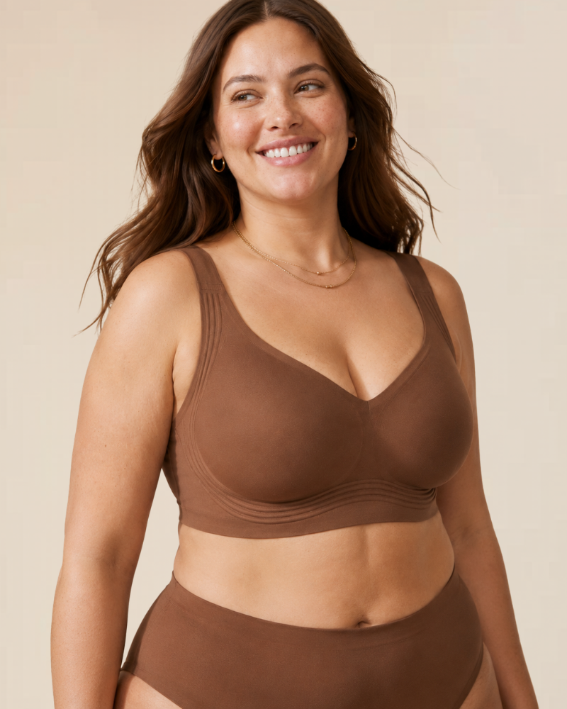 Detailed shot of the adjustable strap mechanism on the wireless comfort bra, ensuring a perfect fit.