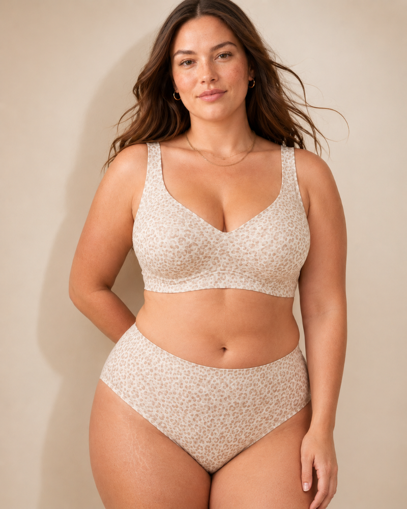 Packaging shot of the Evanthe comfort wireless bra, neatly folded and presented in a minimalist box.