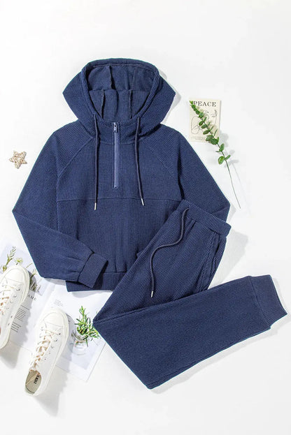 Detailed image of the elasticated waistband and ankle cuffs of the navy Hadley active set joggers, ensuring comfort.