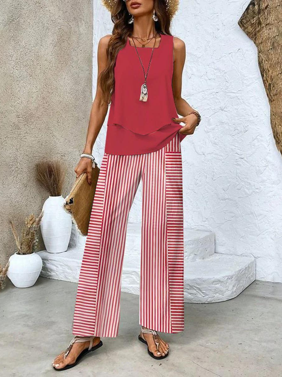 Rear view of the stylish Anya coordinated set, showing the full length of the trousers and top's silhouette.