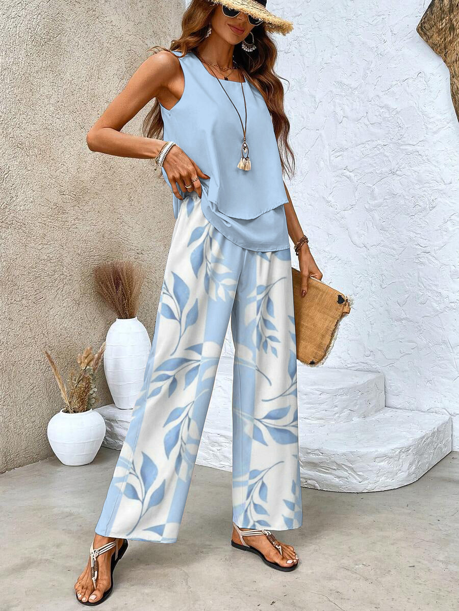 Flat lay of the complete Anya two-piece set, displaying the top and printed trousers neatly arranged.