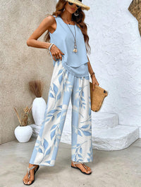 Flat lay of the complete Anya two-piece set, displaying the top and printed trousers neatly arranged.