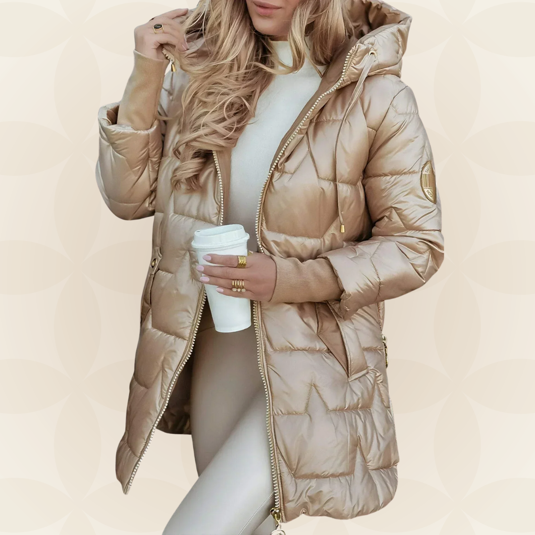 Front view of the beige Inez hooded winter jacket, showcasing its padded texture and zipper.