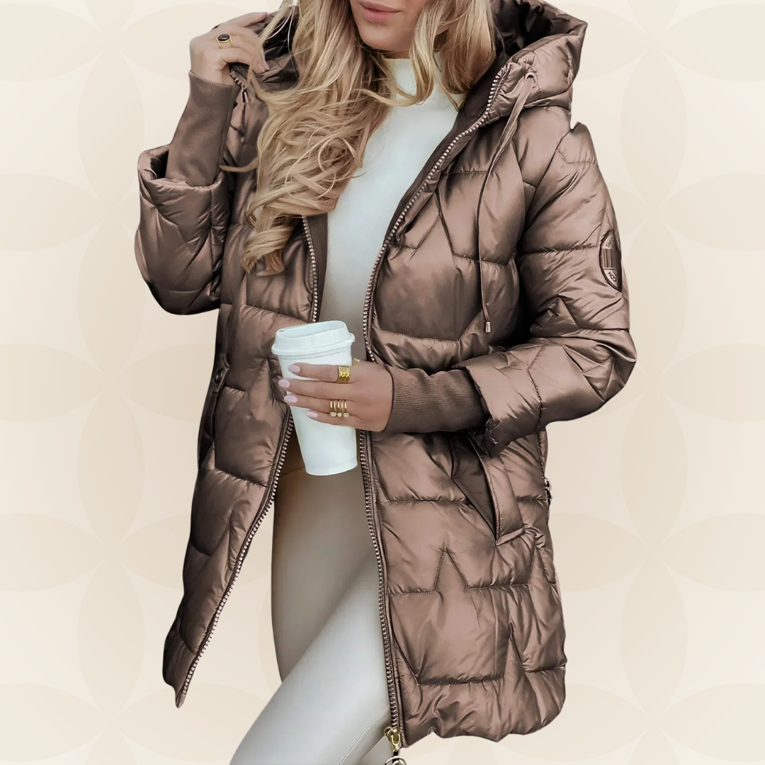 Side profile of a brown Inez hooded winter jacket, highlighting the comfortable padded design.