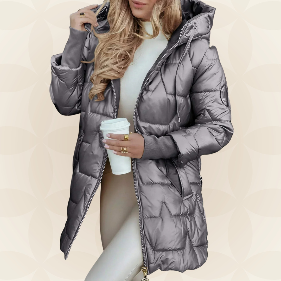 Close-up of the hood on a grey Inez hooded winter jacket, showing the detailed stitching.