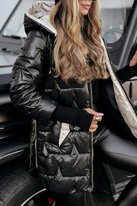 Back view of the brown Inez hooded winter jacket, emphasizing its streamlined silhouette.