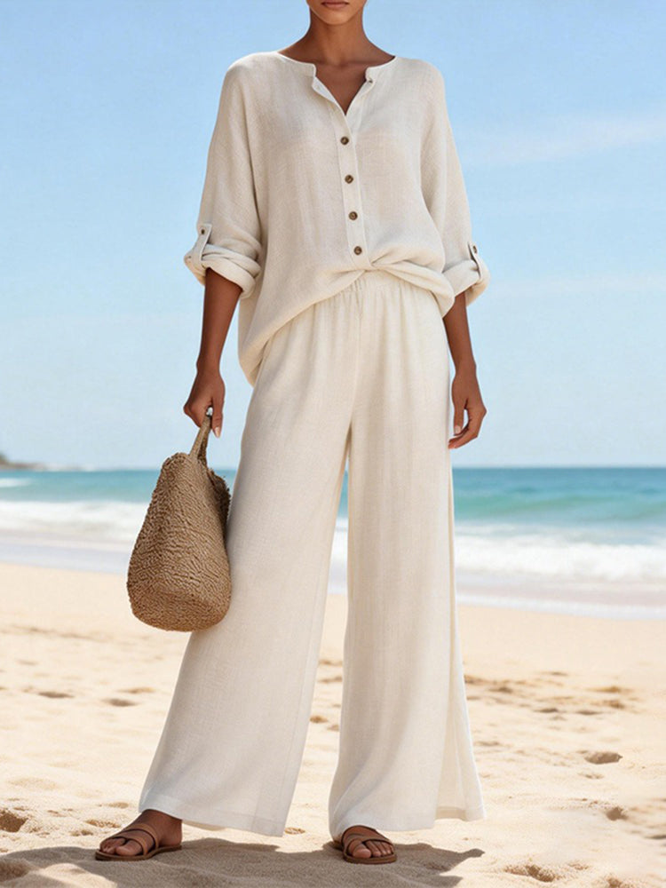 Front view of the Juniper two-piece set in a light colour, showcasing the relaxed fit and long sleeves.
