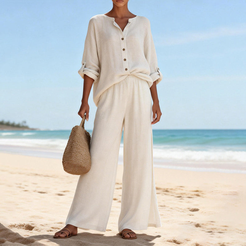 Side profile of a model wearing the comfortable Juniper two-piece set, highlighting the trousers and top length.