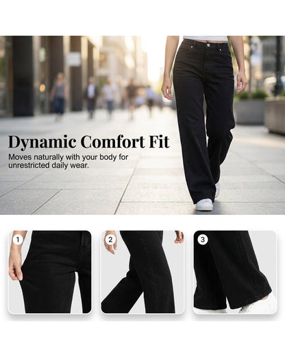 Full length side profile of the blue Juniper straight leg jeans, highlighting the spacious fit and pocket detail.