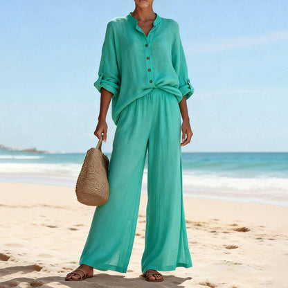 Rear view of the stylish Juniper two-piece set, demonstrating the overall silhouette and comfortable design.