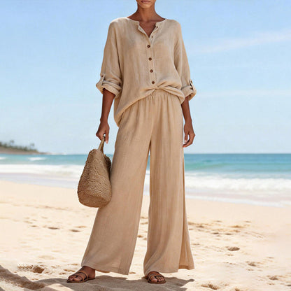 Lifestyle shot of a woman enjoying a casual outdoor setting while wearing the versatile Juniper two-piece set.